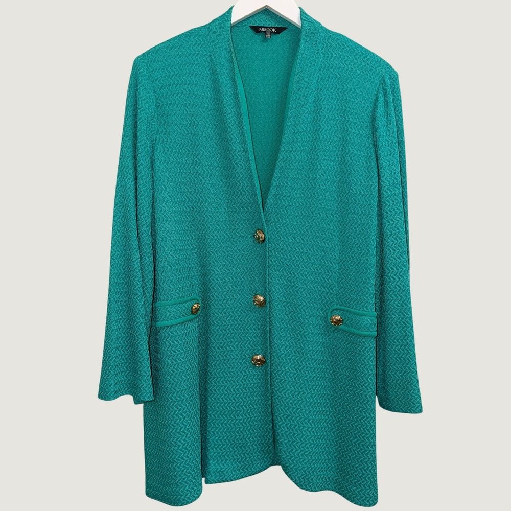 Misook New York Teal Textured Knit Longline Cardigan Jacket Size 1X Gold Buttons
